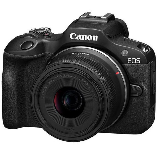 Canon EOS R100 — 24,1 MP • lente RF-S 18-45 mm • preta