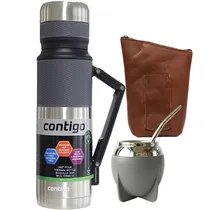 Kit Térmico Contigo + Cuia + Bomba + Porta-Erva 100% Couro - Aço Inoxidável 1.1L