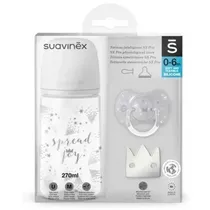 Suavinex Nuery Set Biberon 270 + Broche + Chupete Fisiologico 0/6 Joy Polipropileno/Silicona 270ML Gris