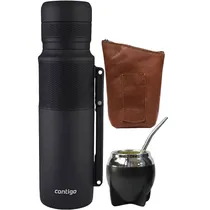Kit Térmico Contigo + Cuia + Bomba + Porta Erva 100% Couro - Preto 1.1L