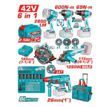 Combo 6 Em 1 Kit Total TOSLI260496 Chave de Impacto + Furadeira + Lixadeira + Martelete + Serra Circular + Lanterna – 42V Combo 6 Em 1 Kit Total TOSLI260496 Chave de Impacto + Furadeira + Lixadeira + Martelete + Serra Circular + Lanterna