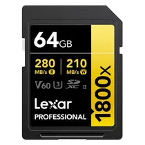 Cartão de Memoria SD 64GB Lexar Pro Gold 1800X 280-210MB/s C10 V60