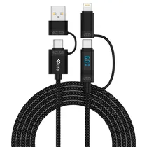 Cabo 4LIFE 4 Em 1 FLKACCL2 Power Flex Series / 1X USB-A / 1X Lightning / 2X USB-C / com Display LED / 2 Metros / 60W - Preto (Nylon)